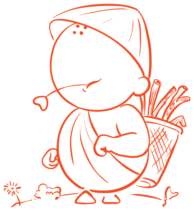 Line drawing of the ScribbleMonk monk carrying a basket of brushes