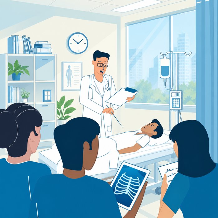 Explainer video still: a doctor presenting to colleagues in a hospital ward