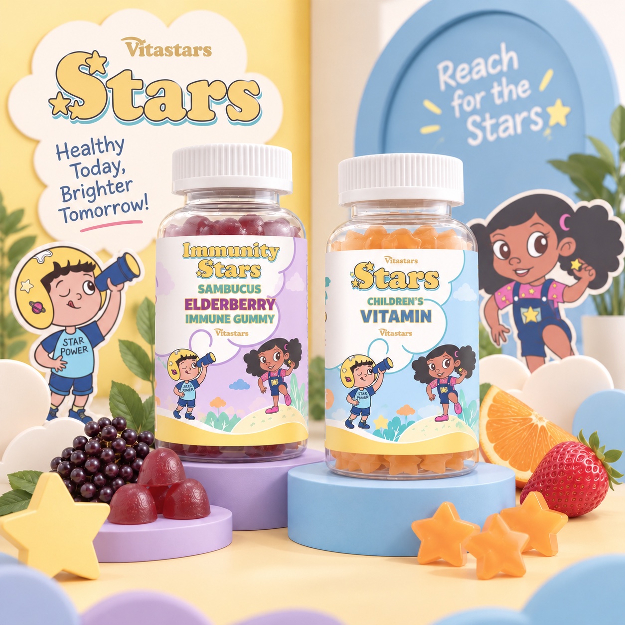 VitaStars children’s vitamin branding with illustrated characters